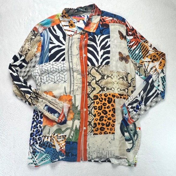Vilagallo Patchwork Animal Print Butterfly Map Button Down Shirt Multicolor 44 - Picture 2 of 5